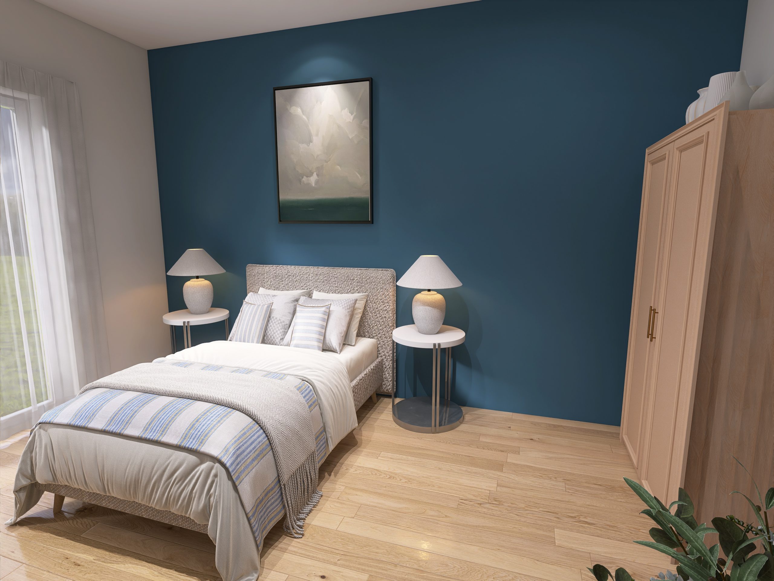 Schlafzimmer mit blauer Wand und Bett in beige