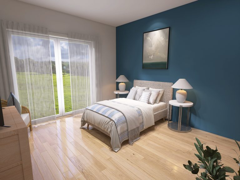 Schlafzimmer mit blauer Wand