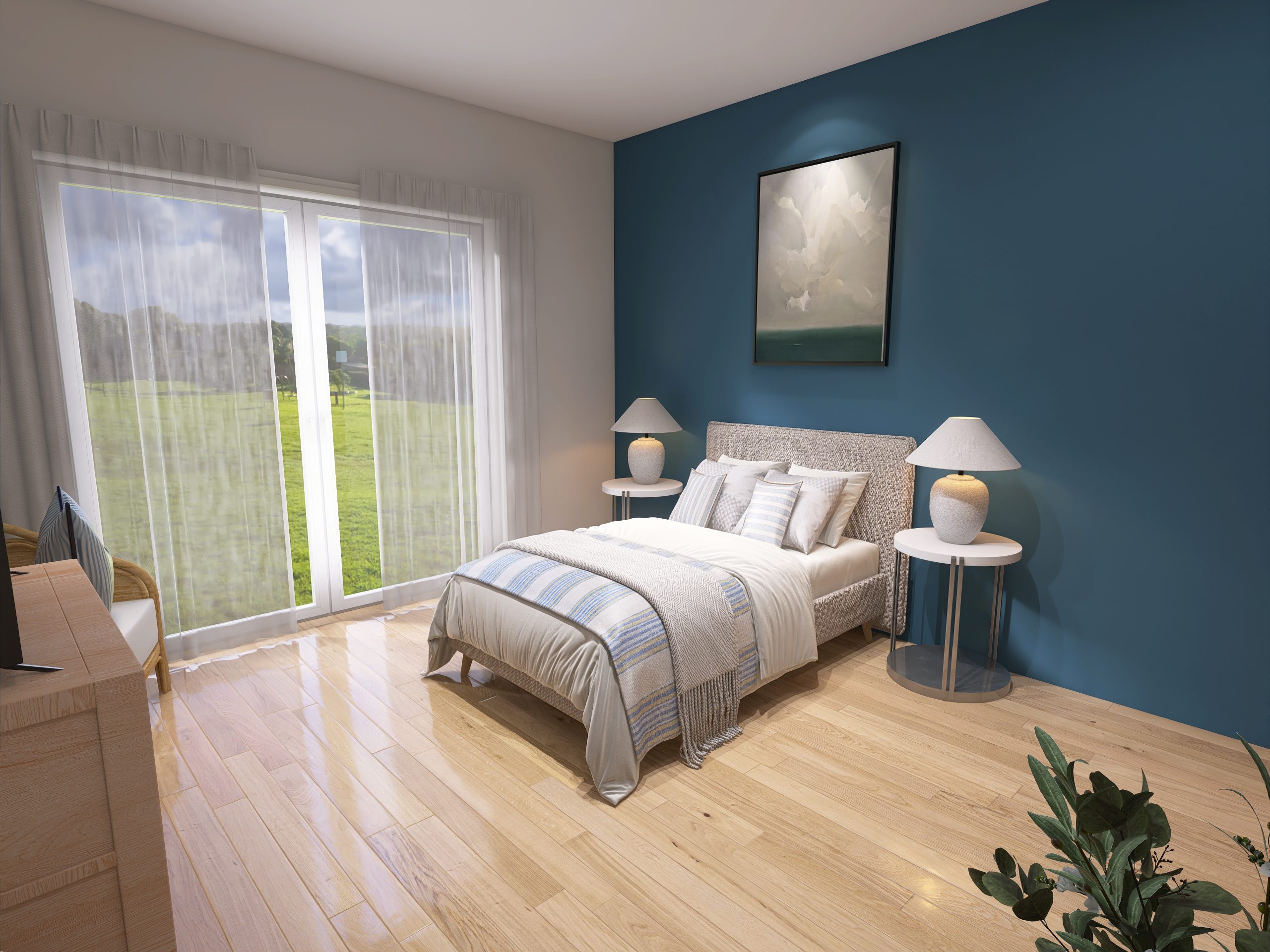 Schlafzimmer mit blauer Wand