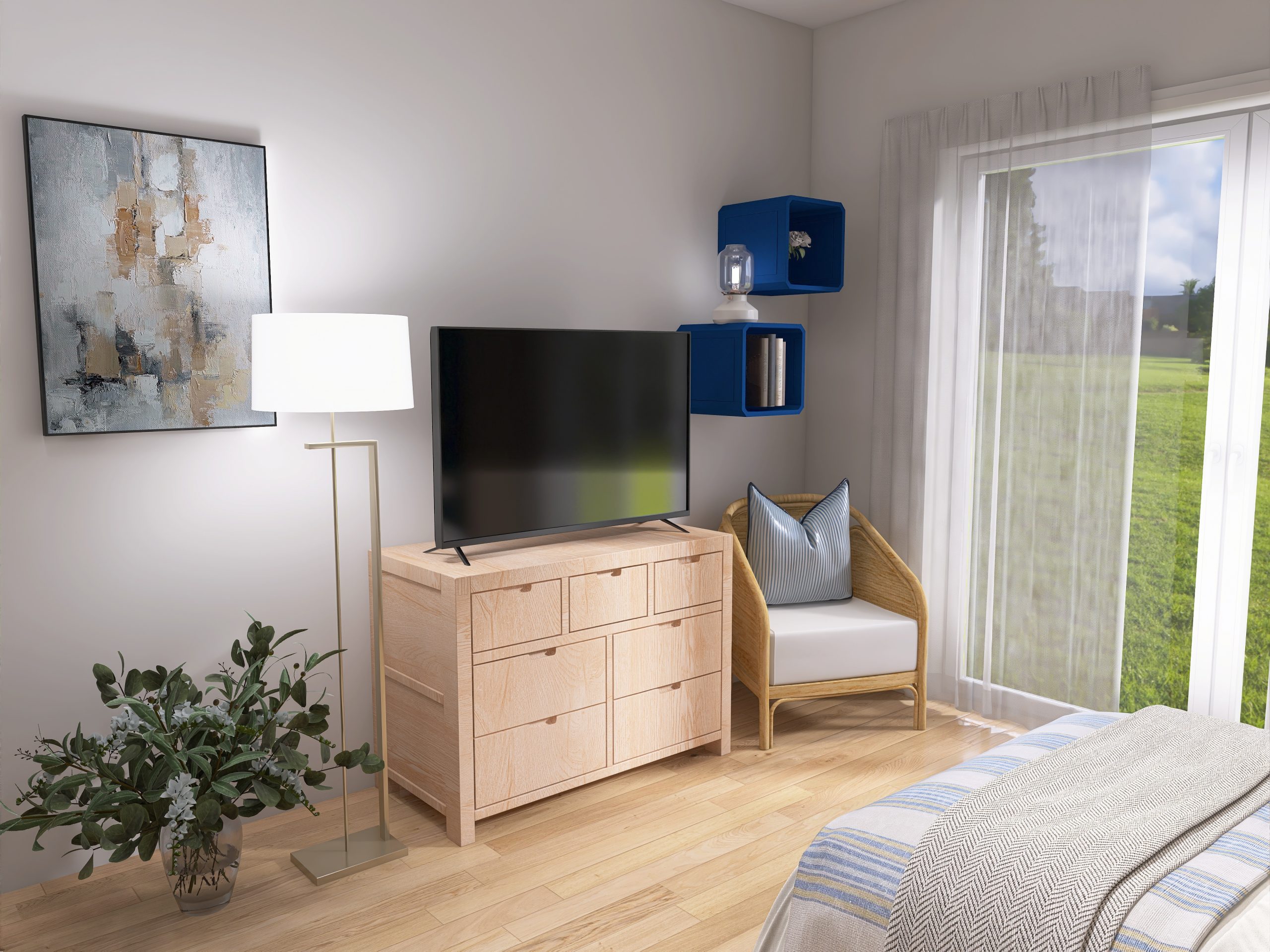 Schlafzimmer mit Leseecke und Kunst