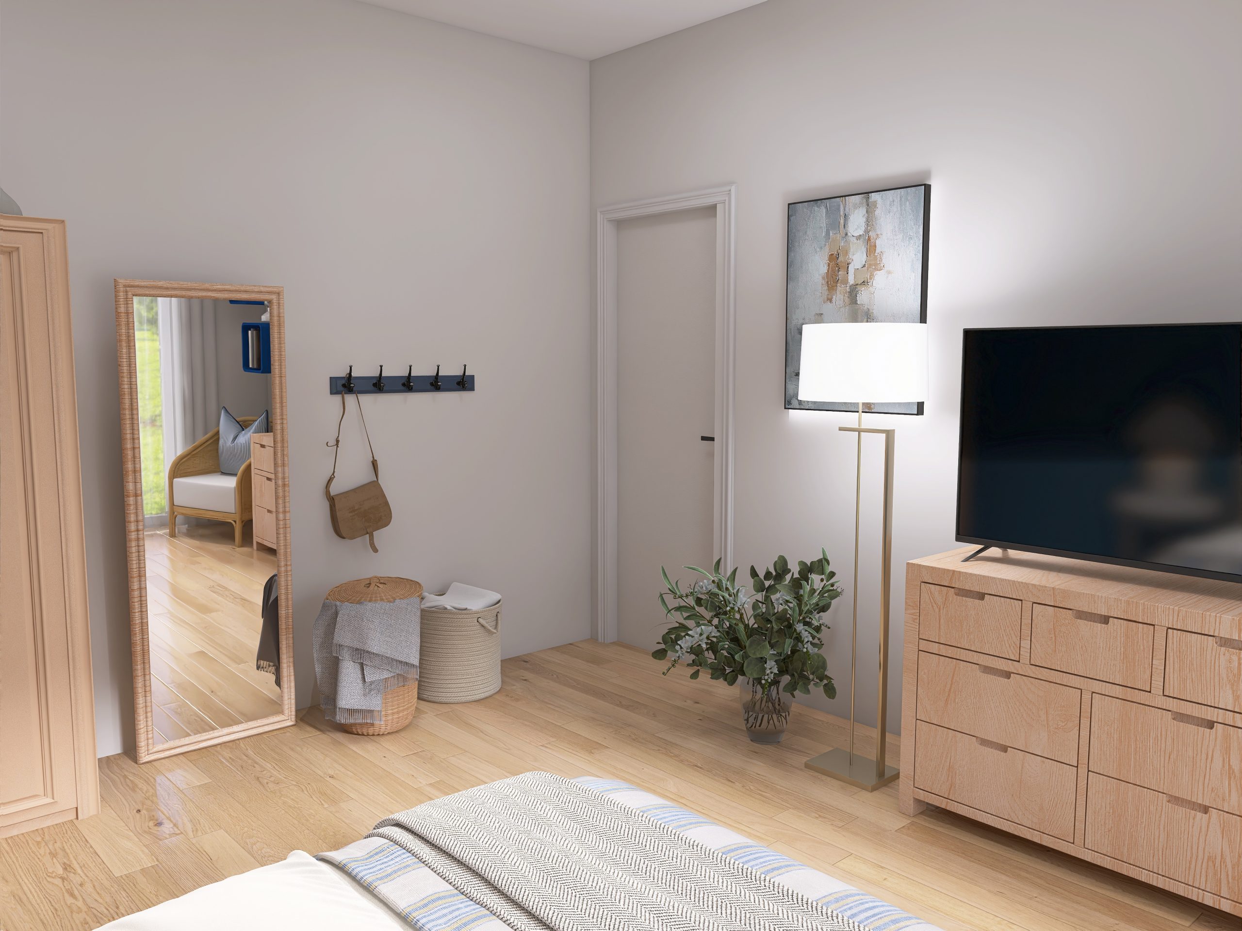 Schlafzimmer mit Holzmöbeln und Kunst